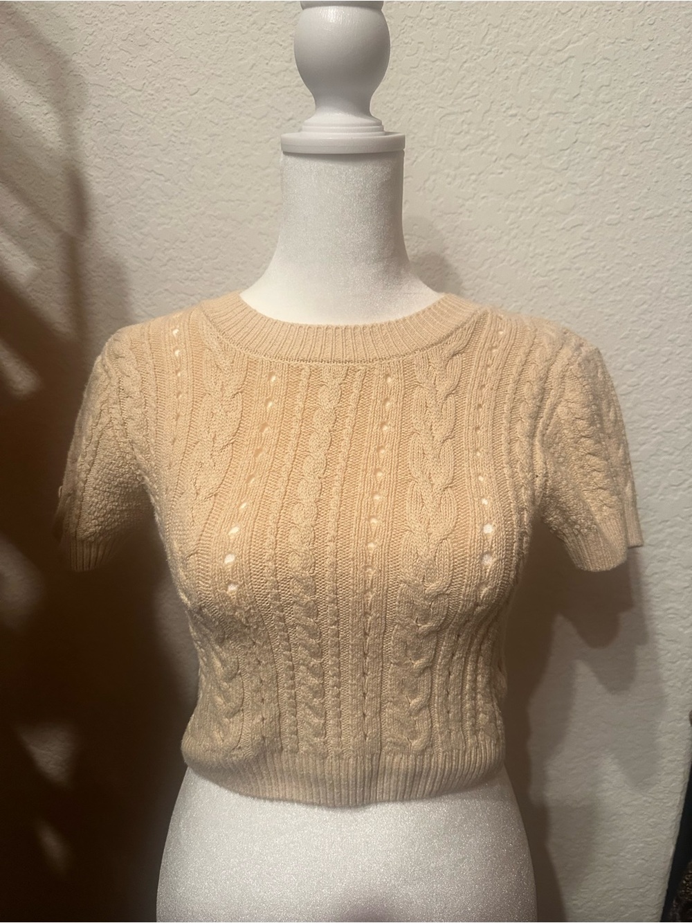 Free People Cream Cable-Knit Short Sleeve Crop Top